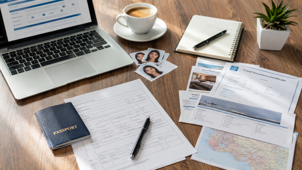 Traveler preparing Belgium and Turkey visa application documents on a wooden desk.