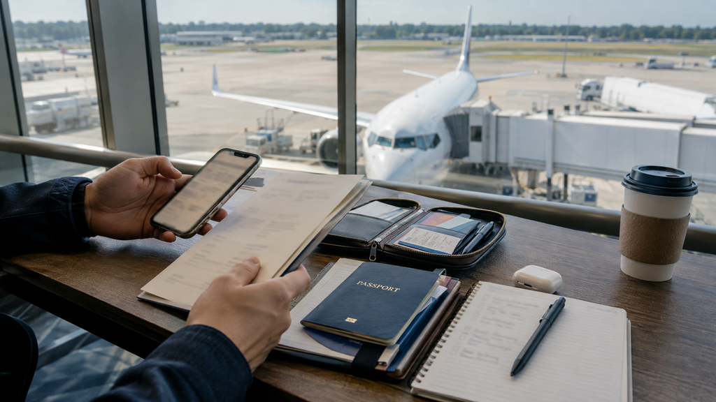 Traveler preparing passport and travel documents for a trip to Singapore