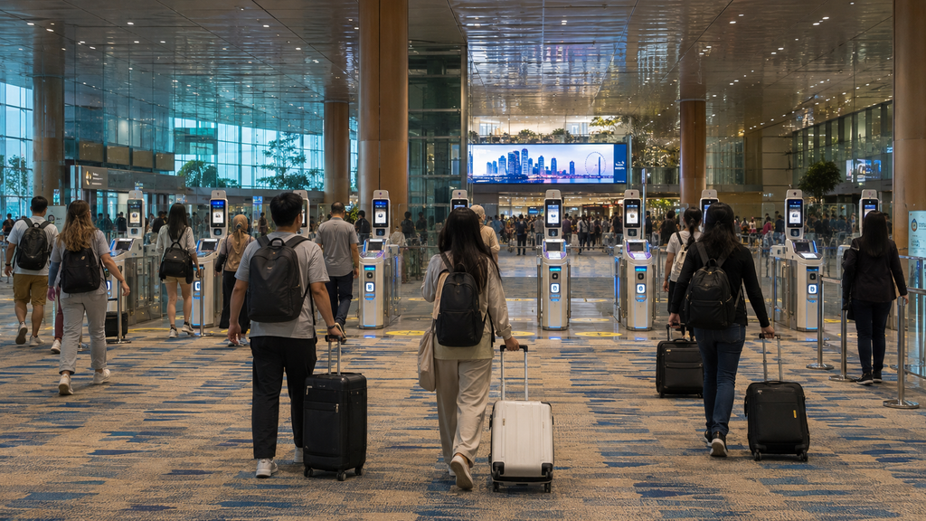 International travelers passing through automated immigration gates at Singapore Changi Airport