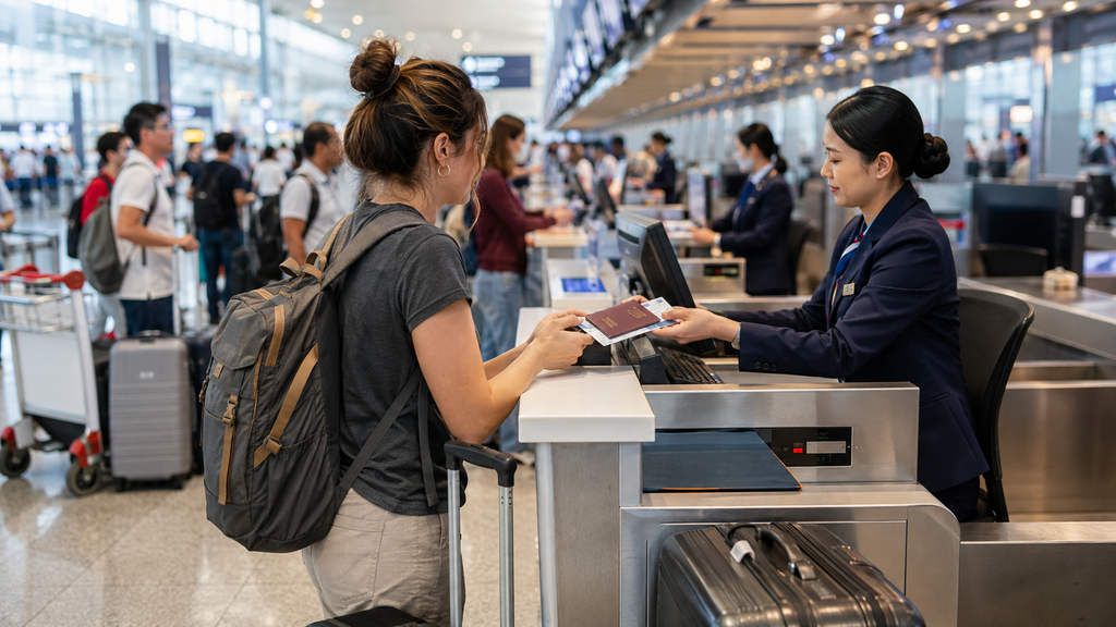 Traveler presenting passport and travel documents at an airport check-in counter before flying to Singapore