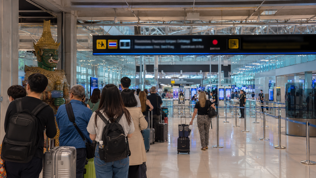 International travelers arriving at immigration control at a major airport in Bangkok Thailand