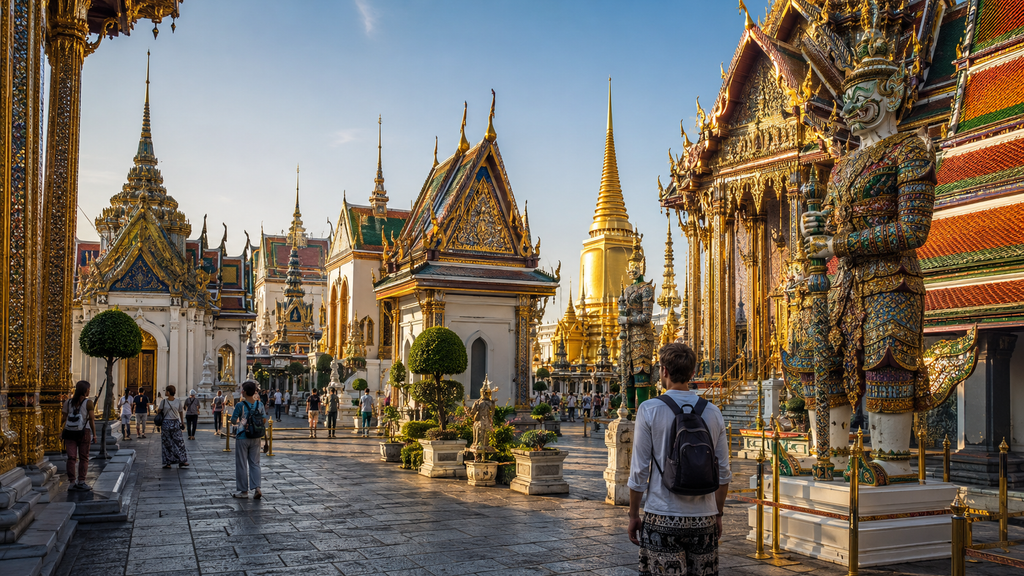 Visitors exploring the Grand Palace and Wat Phra Kaew complex in Bangkok during the early morning