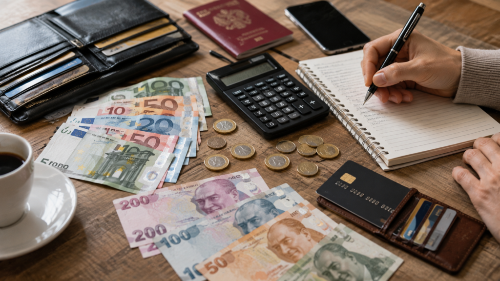 Euro and Turkish Lira banknotes used for international travel budgeting.