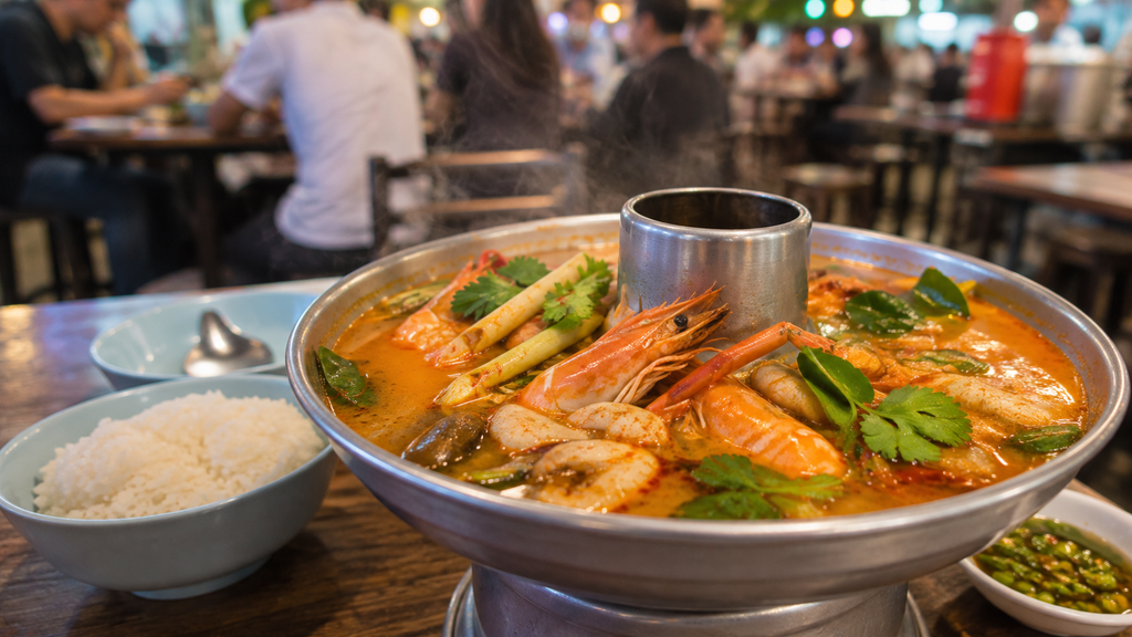 Traditional Thai tom yum goong with prawns, mushrooms, lemongrass and spicy broth