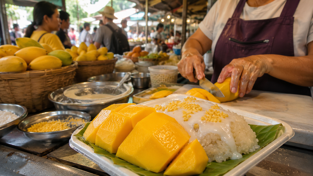 Traditional Thai mango sticky rice with fresh ripe mango and coconut cream at a local market