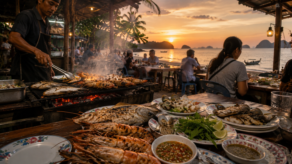 Fresh prawns, fish and squid grilled over charcoal at a seafood restaurant in Southern Thailand