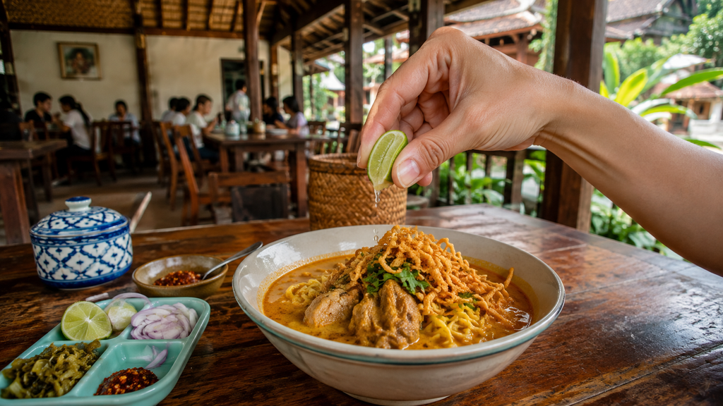 Traditional Chiang Mai khao soi with chicken, coconut curry broth and crispy noodles
