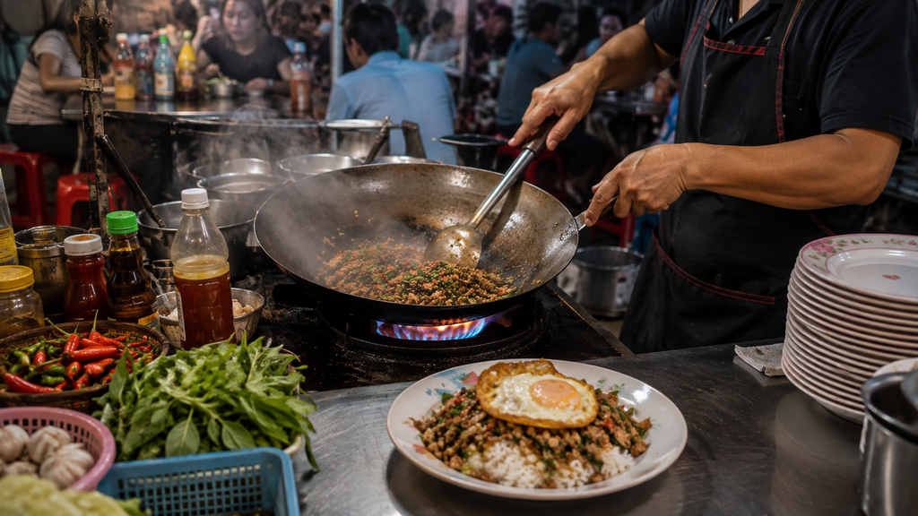 Thai street food cook preparing pad kra pao with holy basil and chili, served with rice and a fried egg