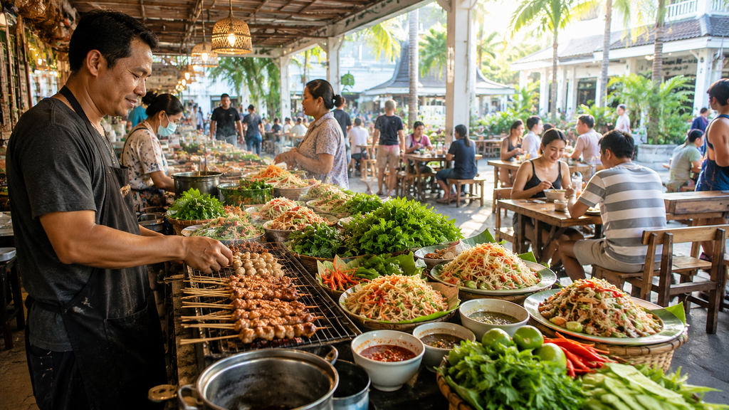 Bright Thai street food market with local vendors preparing traditional dishes during the morning