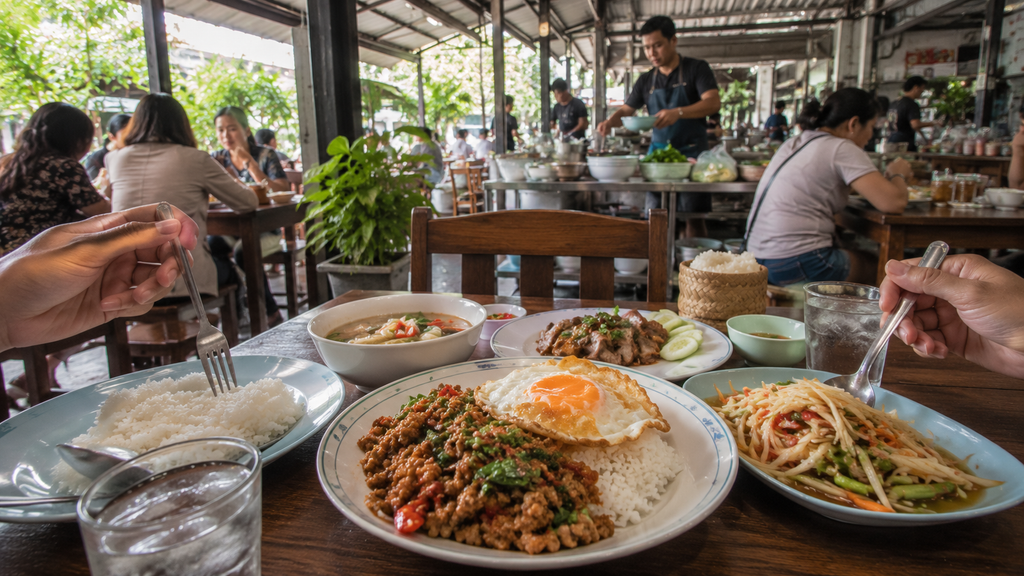 Traditional Thai lunch with pad kra pao, fried egg and local dishes at an open-air restaurant