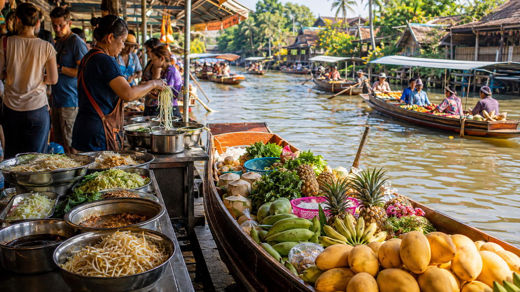 Traditional Thai canal-side market with tropical fruit, food vendors and wooden boats
