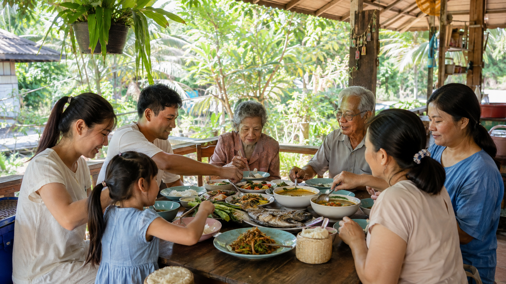 Thai family sharing traditional dishes together at a casual open-air restaurant in Thailand