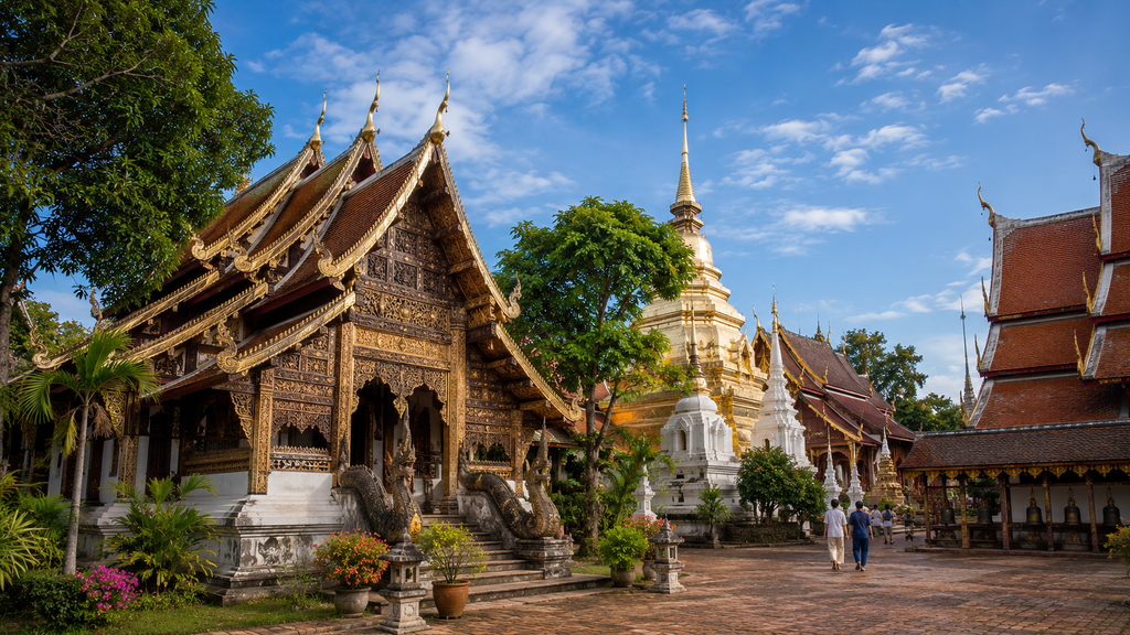 Traditional Lanna Buddhist temple architecture in Chiang Mai, Thailand during a bright morning