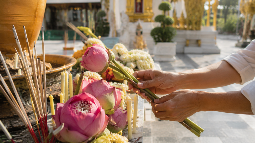 Thai worshipper placing lotus flowers, incense and traditional offerings at a Buddhist temple