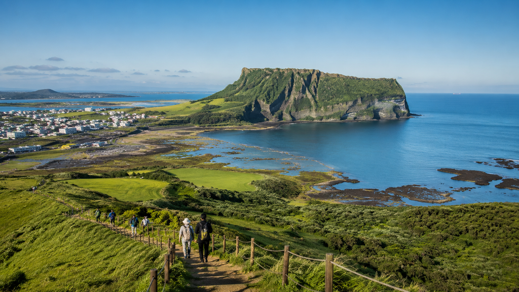 Seongsan Ilchulbong volcanic landscape overlooking the coast of Jeju Island, South Korea