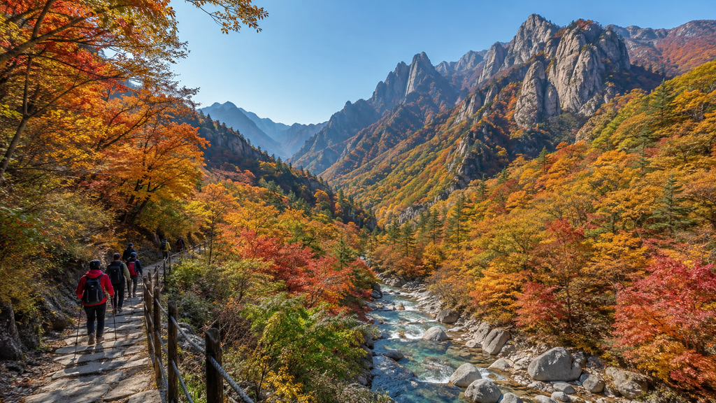 Autumn hiking trail surrounded by colorful forests and granite peaks in Seoraksan National Park