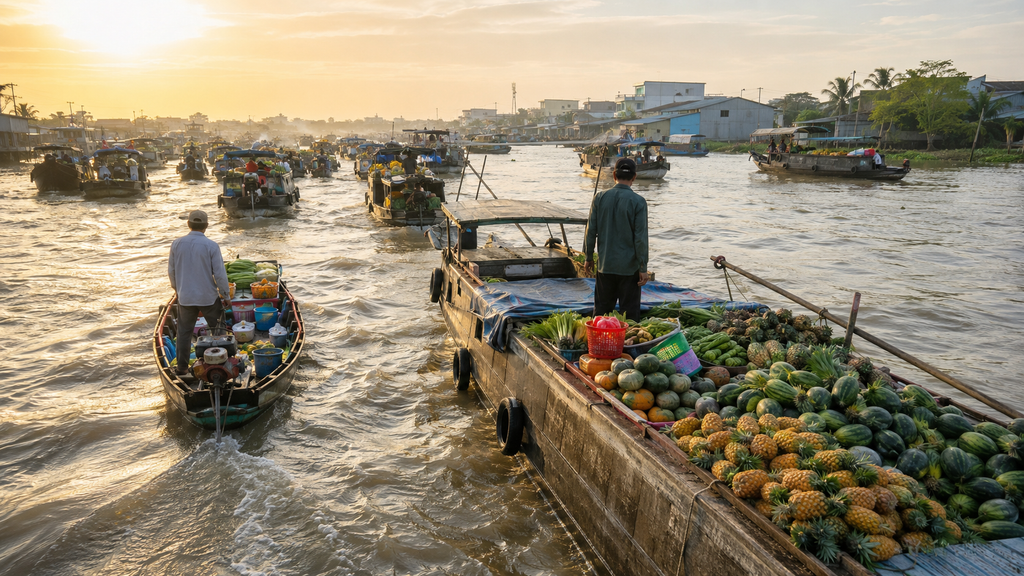 Cai Rang Floating Market with fruit boats on the Mekong River at sunrise in Can Tho, Vietnam