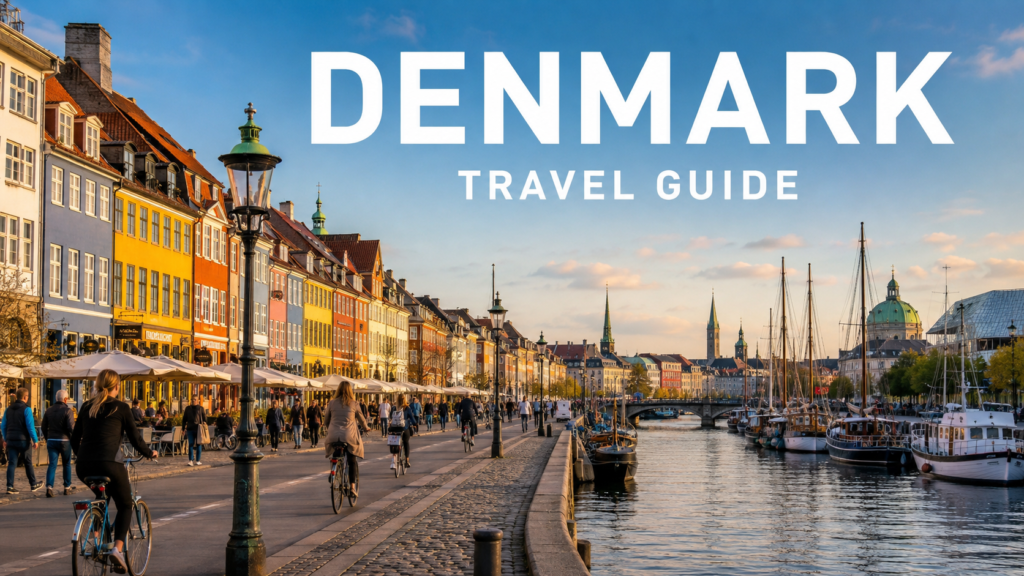 Panoramic view of Copenhagen's Nyhavn Harbor at golden hour with colorful waterfront buildings, bicycles, boats, and local residents in Denmark.