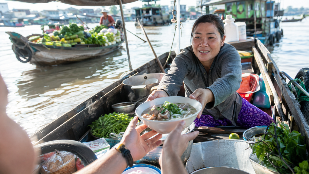 Vietnamese vendor serving noodle soup from a food boat at Cai Rang Floating Market