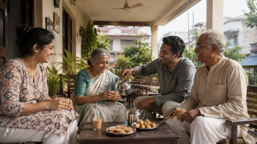 Indian family members sharing masala chai and conversation with grandparents at home
