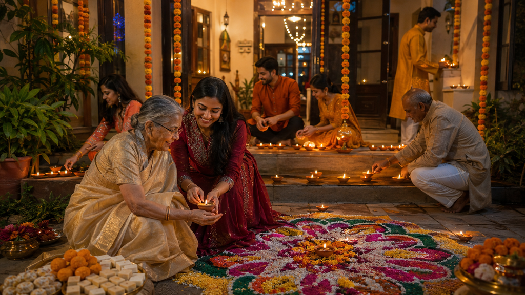 Indian family celebrating Diwali at home with traditional diyas, rangoli and festive decorations