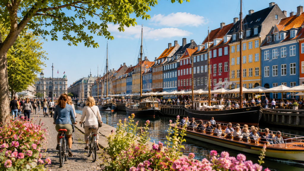 Colorful Nyhavn Harbor in Copenhagen during spring with blooming flowers, outdoor cafés, cyclists, and canal boats.