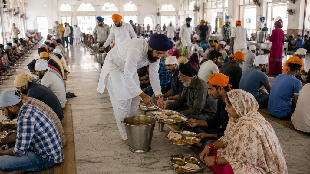 Sikh volunteers serving a traditional langar community meal at a gurdwara in India