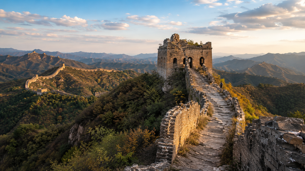 Weathered watchtower and partially unrestored Great Wall of China at Jinshanling