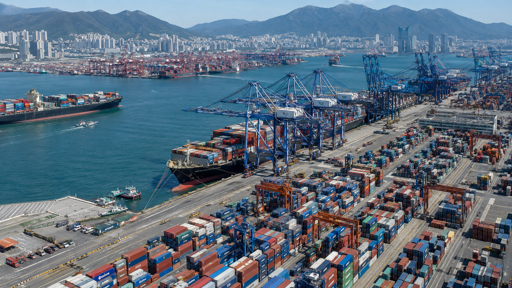 Container ships and cargo terminals at the Port of Busan in South Korea