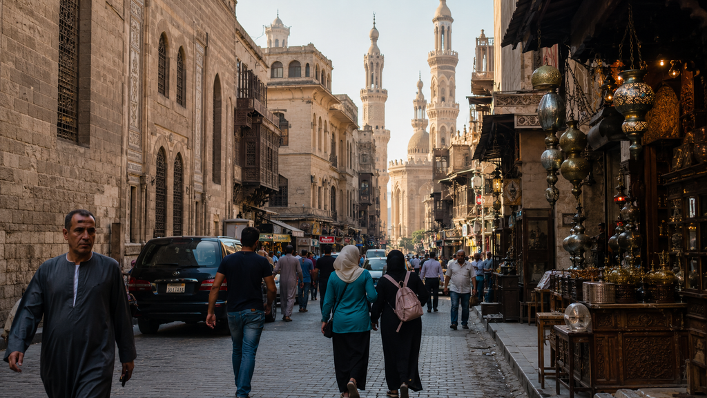 Everyday street life among historic Islamic architecture in Cairo, Egypt