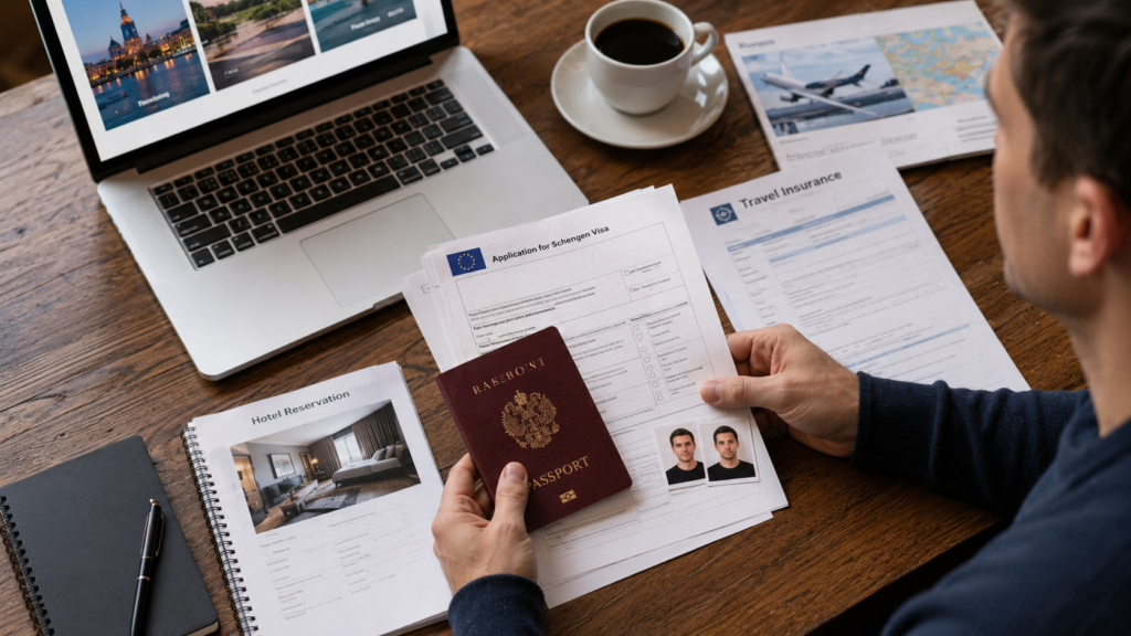 Passport, Schengen visa documents, travel insurance, flight itinerary, and travel planning essentials for a trip to Denmark.