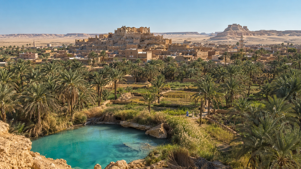 Siwa Oasis with palm groves, natural spring and traditional buildings in Egypt