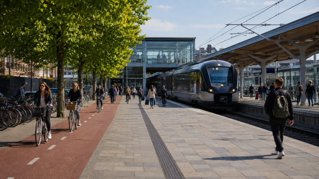 Modern Danish intercity train arriving at a railway station with cyclists and commuters in Denmark.