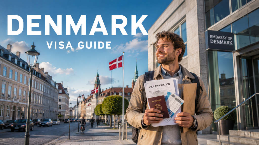 International traveler holding a passport and Denmark Schengen visa outside a modern Danish embassy in Copenhagen.