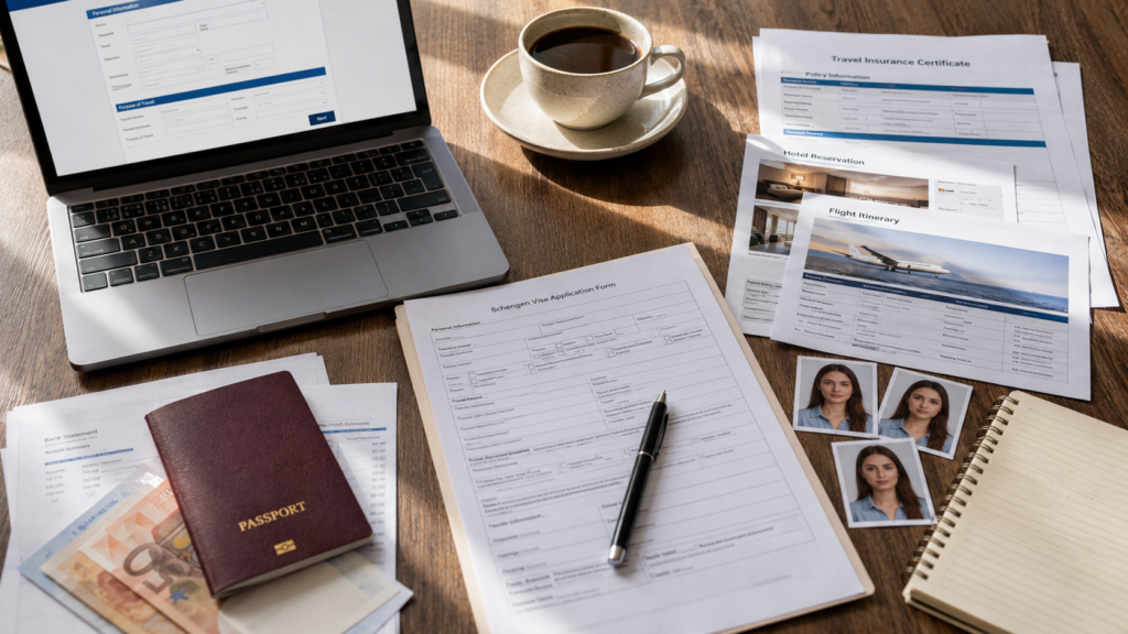 Passport, Denmark Schengen visa application form, travel insurance, flight itinerary, and supporting visa documents on a desk.