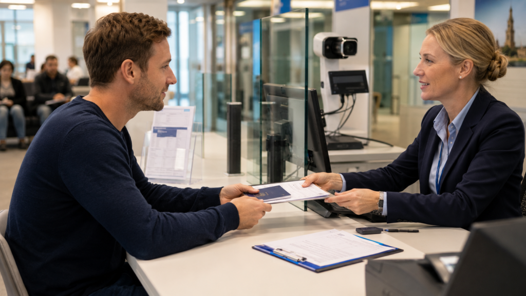 Happy traveler holding an approved Denmark Schengen visa and passport inside a modern airport terminal.