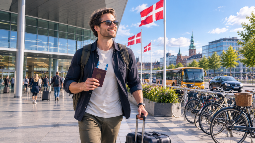 International traveler arriving at Copenhagen Airport after receiving a Denmark Schengen visa.