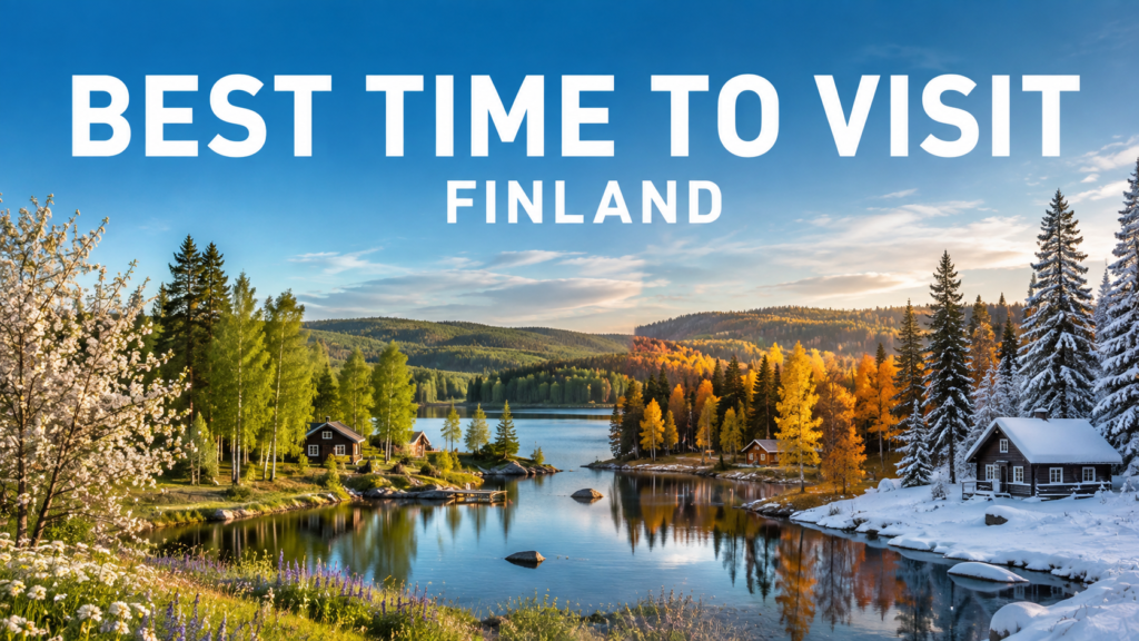 Panoramic view of Finland showcasing spring, summer, autumn, and winter landscapes around a peaceful Finnish lake.