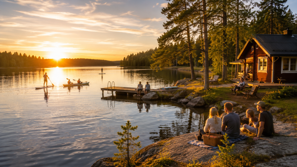 Finnish summer under the Midnight Sun with a peaceful lake, traditional wooden cabin, kayaking, and evergreen forests.