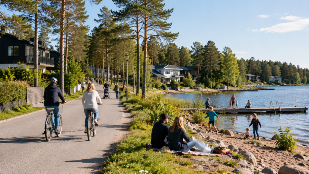 Finnish people cycling, walking, and relaxing in a green lakeside park surrounded by modern Scandinavian homes and pine forests.