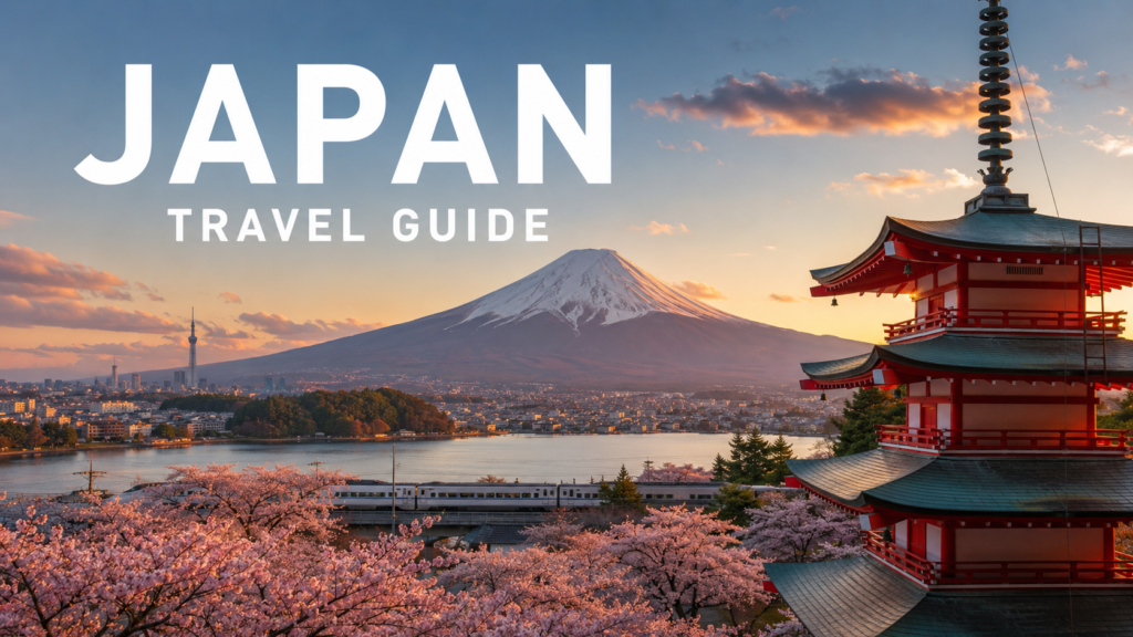 Panoramic view of Mount Fuji, cherry blossoms, and Tokyo skyline during golden hour