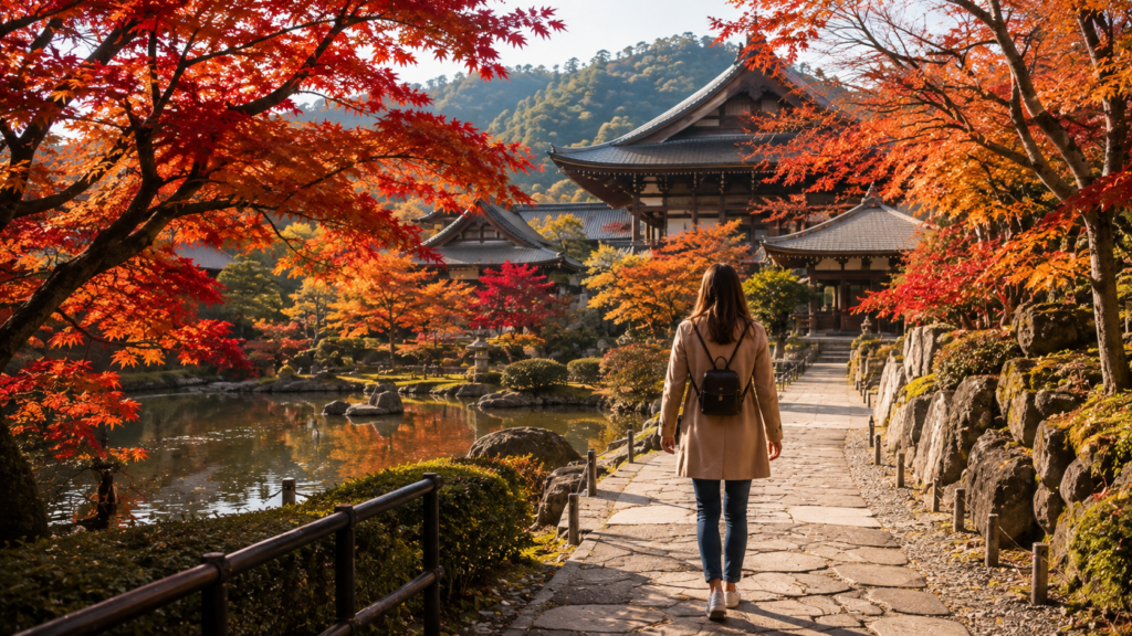 Traveler exploring a traditional Japanese garden surrounded by colorful autumn maple leaves