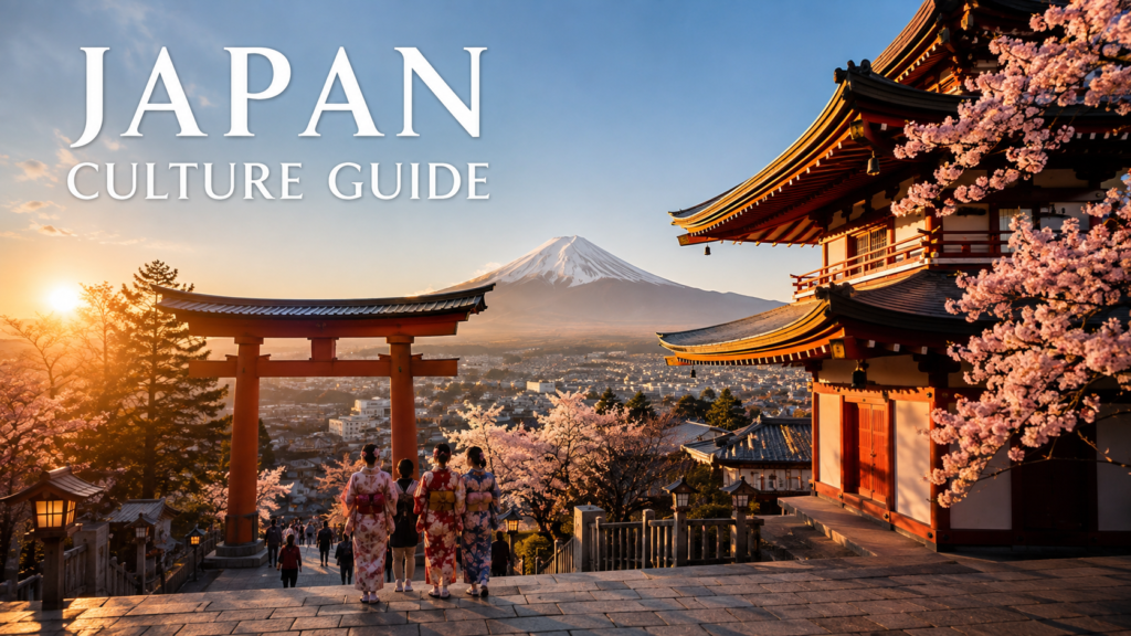 Traditional Japanese temple, torii gate, cherry blossoms, and Mount Fuji at golden hour