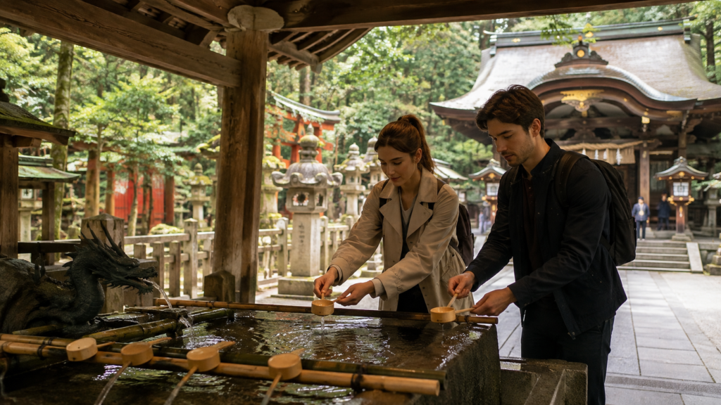 Visitors performing the purification ritual before entering a Japanese Shinto shrine