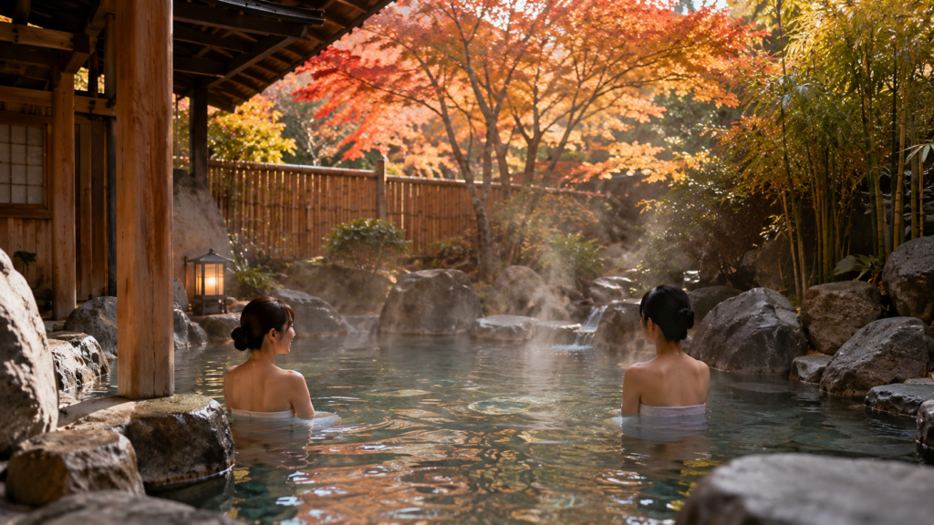 Traditional outdoor Japanese onsen surrounded by autumn maple trees