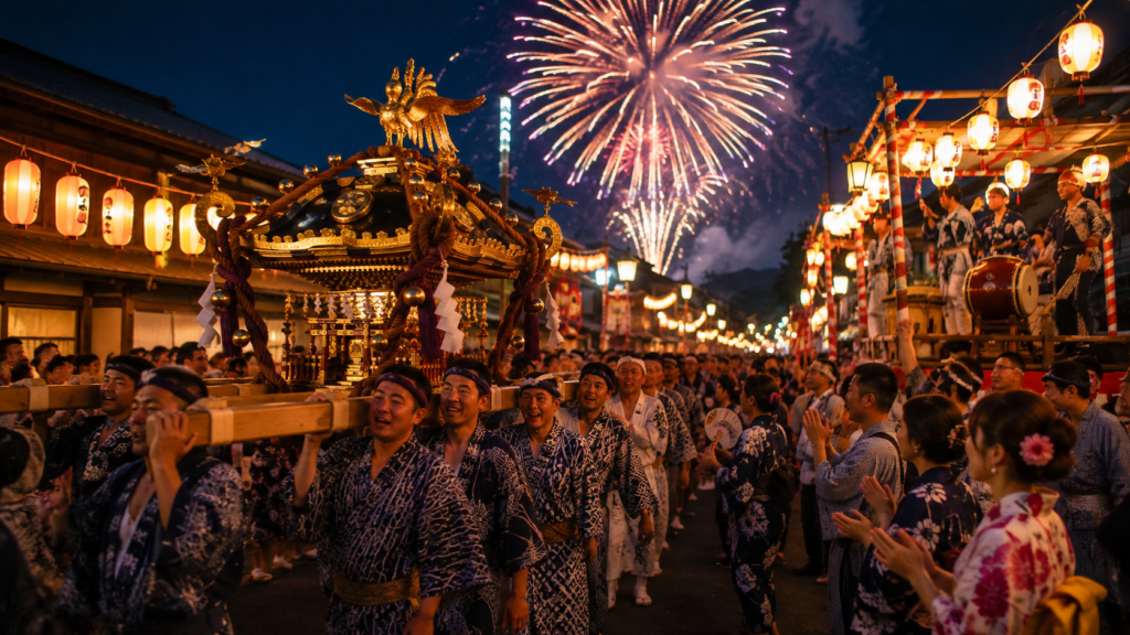Japanese summer festival with yukata, lanterns, and traditional street celebrations