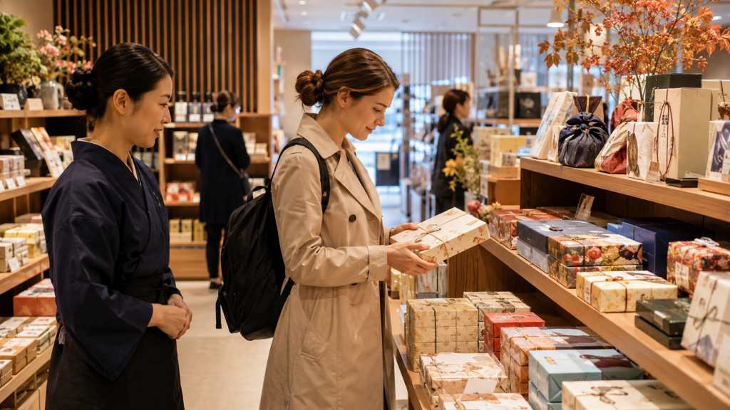 Traveler choosing beautifully wrapped omiyage souvenirs in a Japanese specialty gift shop