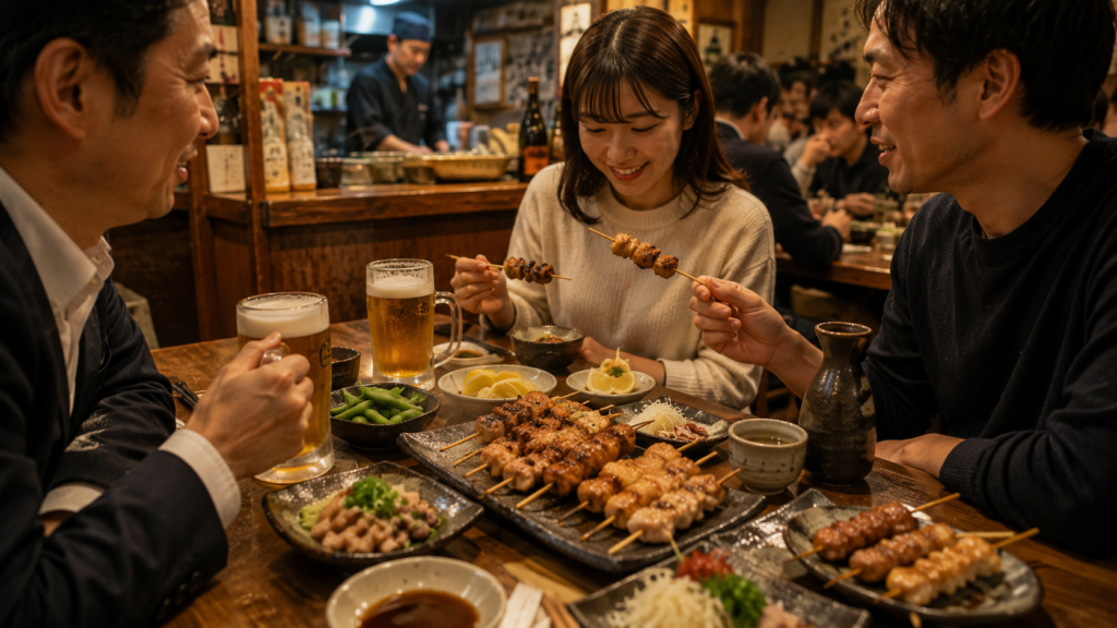 Osaka street food market with takoyaki, yakisoba, and local food stalls