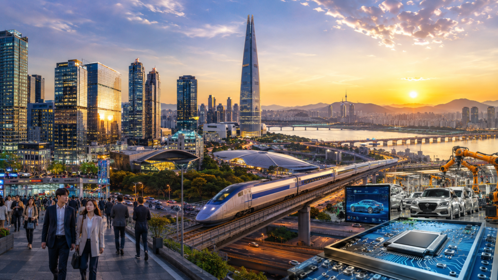 Modern Seoul skyline showcasing South Korea's economic growth as one of the Four Asian Tigers