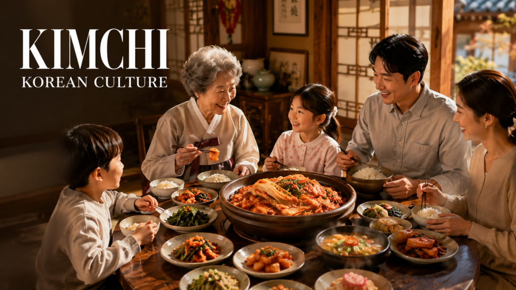 Traditional Korean family sharing a meal with kimchi at the center of the dining table